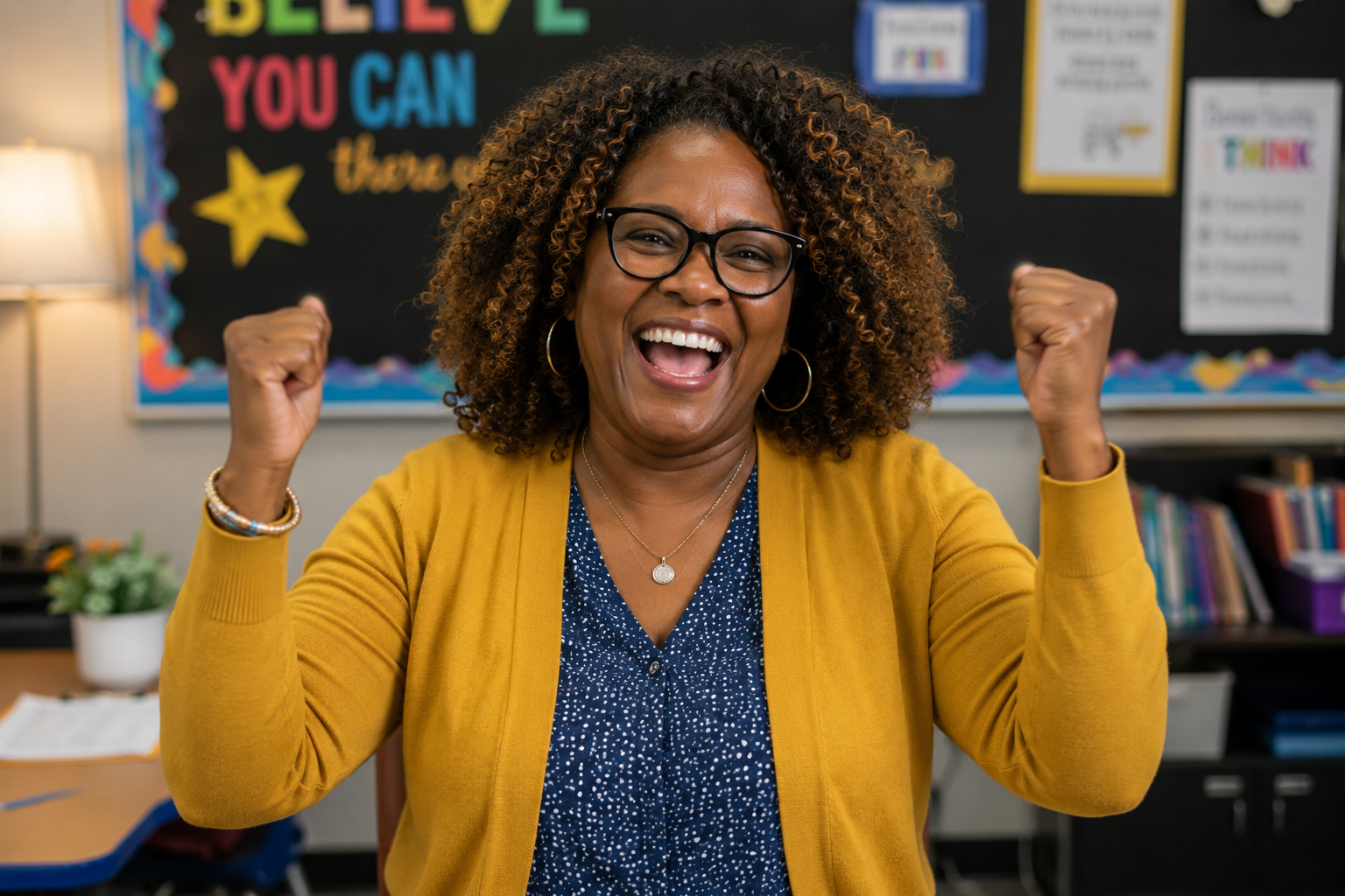 A joyful educator celebrating in her classroom with raised fists and a bright smile